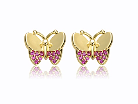 Kids 14k Gold Plated with Ruby Cubic Zirconia Butterfly Stud Earrings