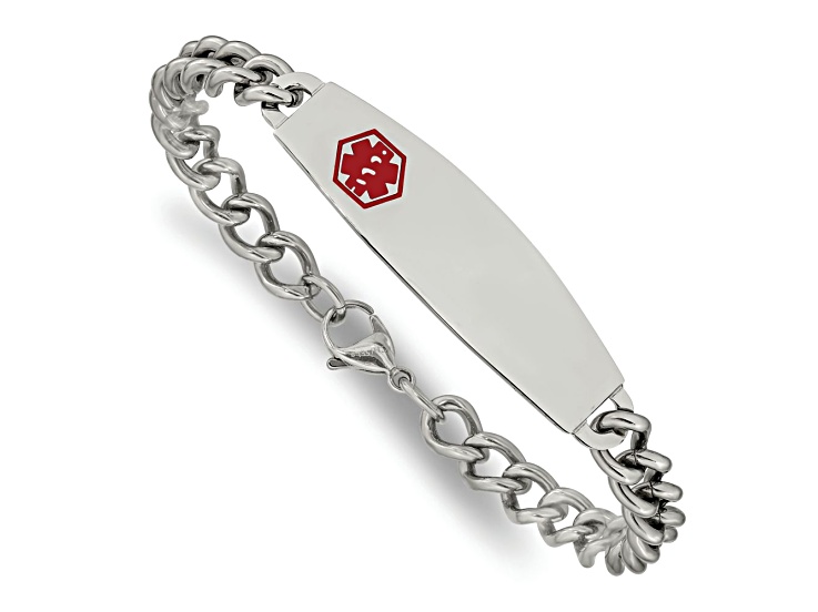 Stainless Steel Polished with Red Enamel 8.5-inch Medical ID Bracelet