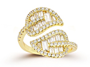Sterling Statements 14K Yellow Gold Over Sterling Silver Cubic Zirconia Halo Leaf Bypass Ring