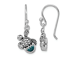 Rhodium Over Sterling Silver Blue Crystal Hatching Turtle Dangle Earrings
