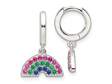 Sterling Silver E-Coating Multicolor CZ Dangle Rainbow Hoop Earrings