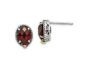 Sterling Silver Antiqued with 14K Accent Garnet Post Earrings
