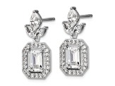 Rhodium Over Sterling Silver Emerald-cut Cubic Zirconia Halo Post Dangle Earrings