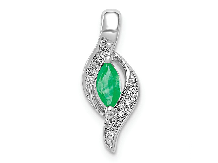 Rhodium Over 10k White Gold Diamond and 0.17 ctw Marquise Emerald Pendant