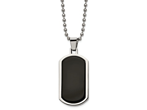 Stainless Steel Polished with Black Agate Inlay 22-inch Dog Tag Necklace
