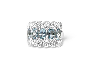 Picture of Rhodium Over Sterling Silver Oval Aquamarine and White Zircon Ring 1.98ctw