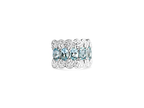 Rhodium Over Sterling Silver Oval Aquamarine and White Zircon Ring 1.98ctw