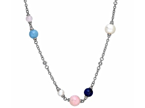 Morganite, Kyanite, Aquamarine, and Freshwater Pearl Rhodium Over Sterling Silver Necklace
