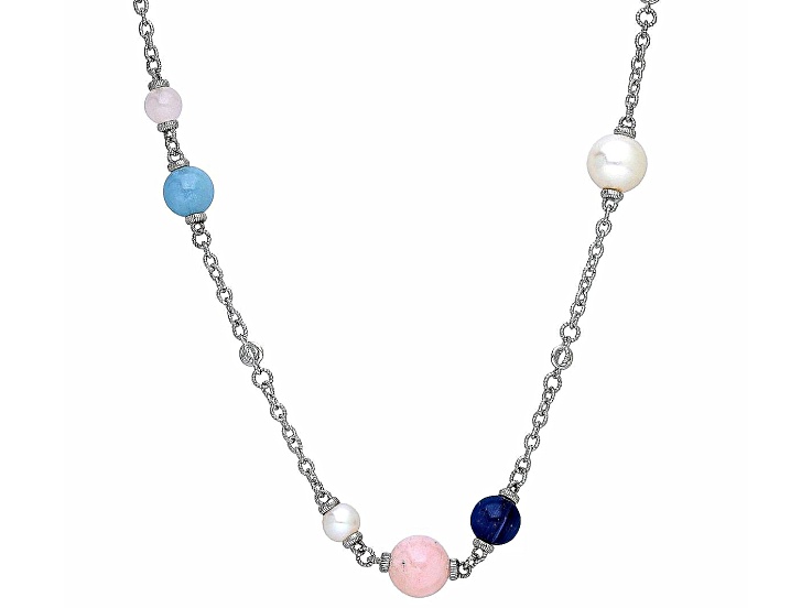 Affinity Cultured Pearl & Created Sapphire Necklace, Sterling ,Silver