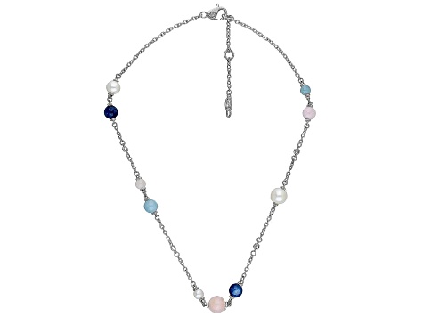 Affinity Cultured Pearl & Created Sapphire Necklace, Sterling ,Silver