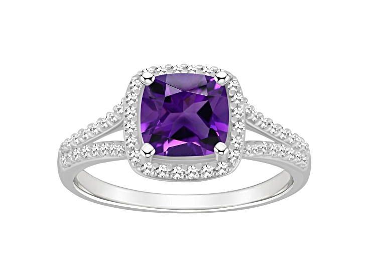 7mm Cushion Amethyst 1/4 ctw Diamond Rhodium Over Sterling Silver Halo Ring