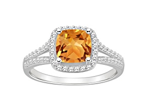 7mm Cushion Citrine 1/4 ctw Diamond Rhodium Over Sterling Silver Halo Ring