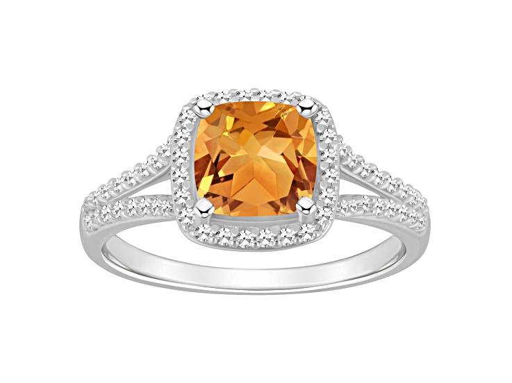 7mm Cushion Citrine 1/4 ctw Diamond Rhodium Over Sterling Silver Halo Ring