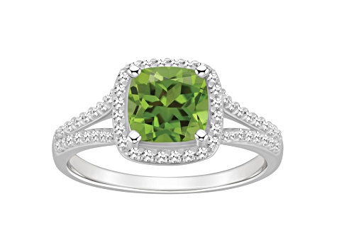 7mm Cushion Peridot 1/4 ctw Diamond Rhodium Over Sterling Silver Halo Ring