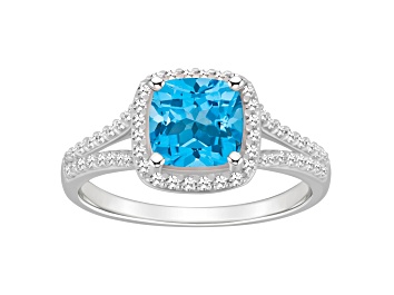 Picture of 7mm Cushion Blue Topaz 1/4 ctw Diamond Rhodium Over Sterling Silver Halo Ring