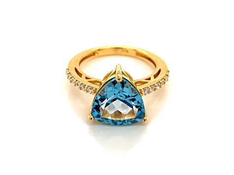 Trillion Swiss Blue Topaz and Cubic Zirconia 14K Yellow Gold Over Sterling Silver Ring