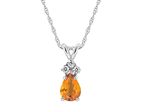 7x5mm Pear Shape Citrine with Diamond Accents 14k White Gold Pendant With Chain