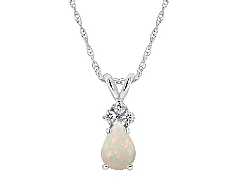 7x5mm Pear Shape Opal with Diamond Accents 14k White Gold Pendant With Chain