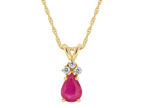 7x5mm Pear Shape Ruby with Diamond Accents 14k Yellow Gold Pendant With Chain