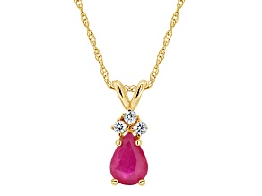 7x5mm Pear Shape Ruby with Diamond Accents 14k Yellow Gold Pendant With Chain