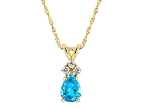 7x5mm Pear Shape Blue Topaz with Diamond Accents 14k Yellow Gold Pendant With Chain