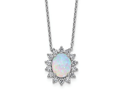 Rhodium Over Sterling Silver Lab Created Opal and Cubic Zirconia Oval Halo Necklace
