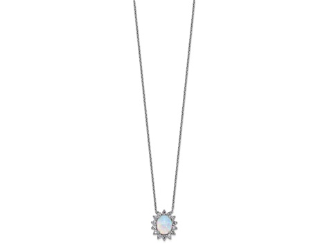 Sterling Silver White Created Opal & CZ Halo Beaded Necklace Sterling Silver White Created Opal & CZ Halo Beaded Necklace
