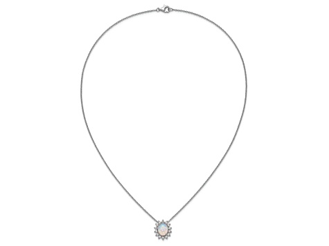 Rhodium Over Sterling Silver Lab Created Opal and Cubic Zirconia Oval Halo Necklace