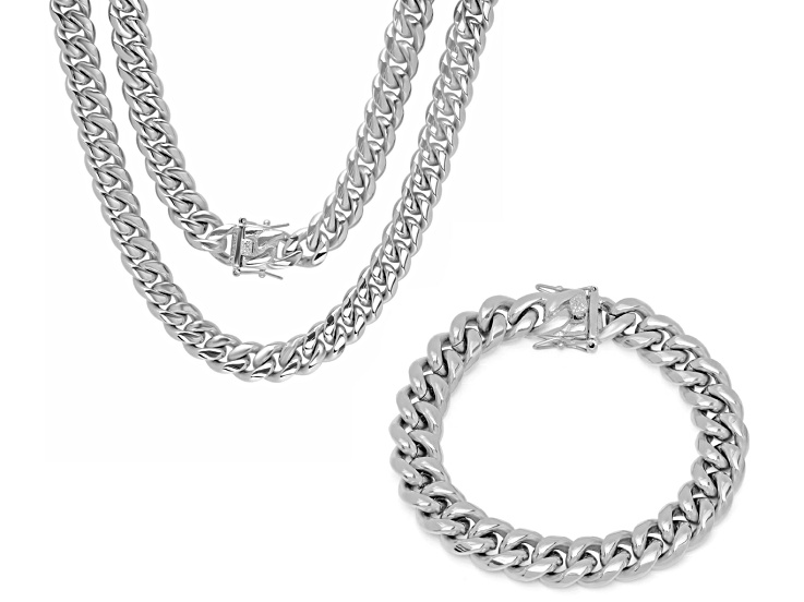 Men's Stainless Steel Miami Cuban Bracelet and Chain Set