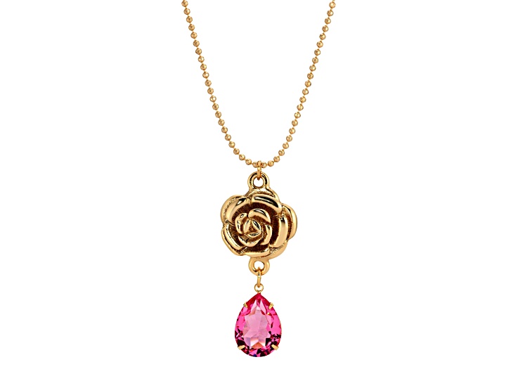 Gold Tone Flower Pendant Pink Glass Drop Pendant with 18" Chain