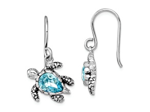 Rhodium Over Sterling Silver Crystal Turtle Dangle Earrings