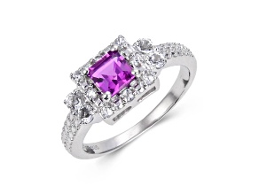 Lab Created Purple Sapphire with White Topaz Accents Sterling Silver Halo Ring, 1.14ctw