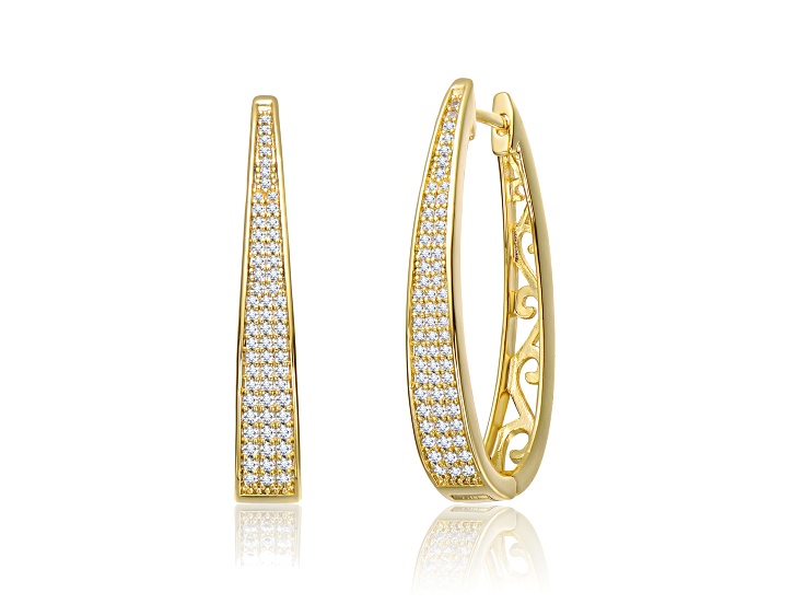 Clear Cubic Zirconia, 14k Yellow Gold Plated over Brass Pave Oblong Oval Hoop Earrings