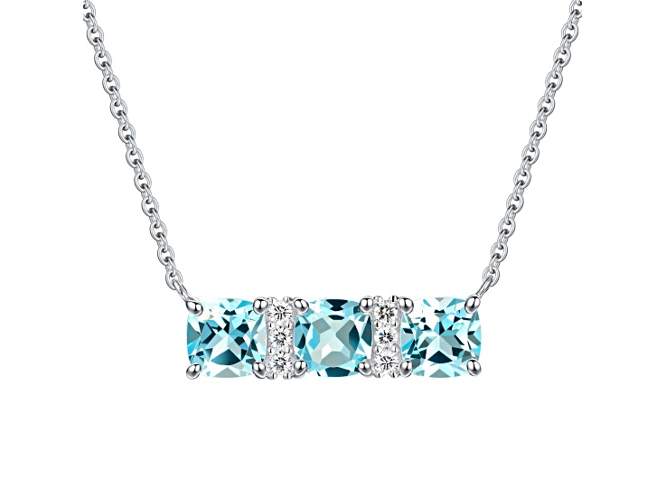 Cushion Sky Blue Topaz with Round White Zircon Rhodium Over Sterling Silver 3-Stone Ring 2.26Cttw