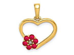 14k Yellow Gold Diamond and Ruby Heart with Flower Pendant