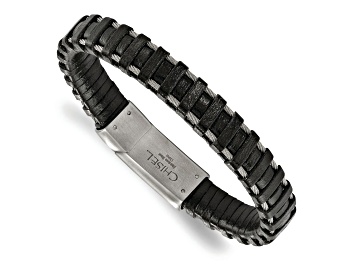 Picture of Black Leather and Stainless Steel Brushed Cable 8.5-inch Bracelet