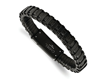 Picture of Black Leather and Stainless Steel Polished Black IP-plated Cable Bracelet