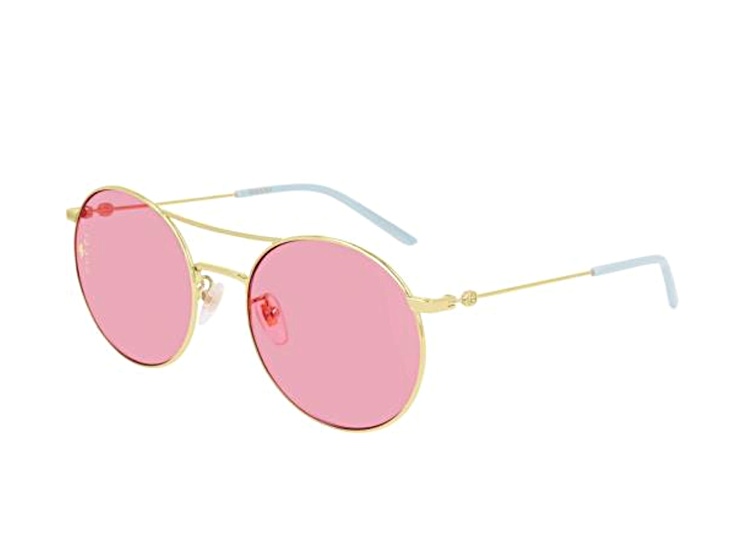 Gucci Gold Tone with Aqua Blue Arm Detail Frame / Pink Lens Sunglasses