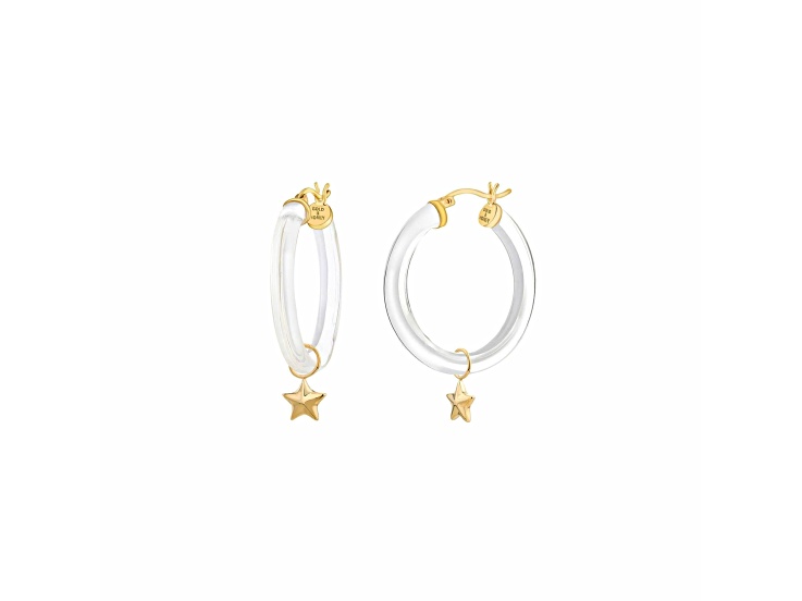 14K Yellow Gold Over Sterling Silver Acrylic Mini Star Charm Hoop Earrings in Clear