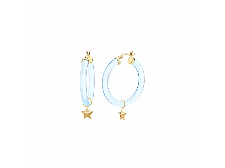 14K Yellow Gold Over Sterling Silver Acrylic Mini Star Charm Hoop Earrings in Pastel Blue