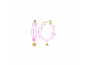 14K Yellow Gold Over Sterling Silver Lucite Mini Star Charm Hoop Earrings in Pink