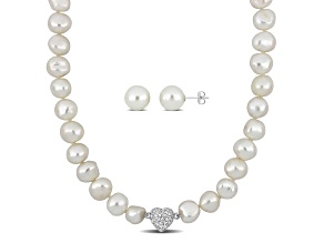 2-Pc Set of 11-12MM FWP with Magnetic Heart Clasp Necklace and Earrings in Sterling Silver