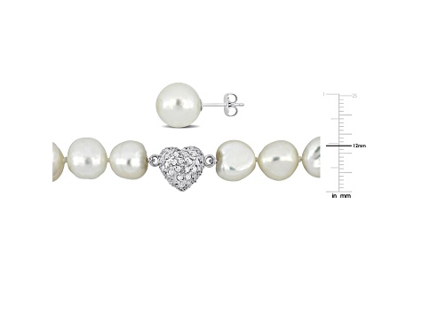 2-Pc Set of 11-12MM FWP with Magnetic Heart Clasp Necklace and Earrings in Sterling Silver