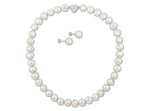 2-Pc Set of 11-12MM FWP with Magnetic Heart Clasp Necklace and Earrings in Sterling Silver