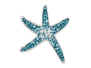 Rhodium Over Sterling Silver Polished Blue Crystal Star Fish Chain Slide Pendant