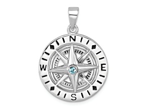 Rhodium Over Sterling Silver Polished Moveable Crystal Compass Pendant