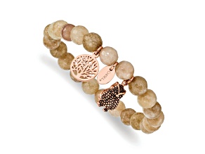 Rose Stainless Steel Antiqued and Polished Owl Taupe Dyed Jade Bracelet