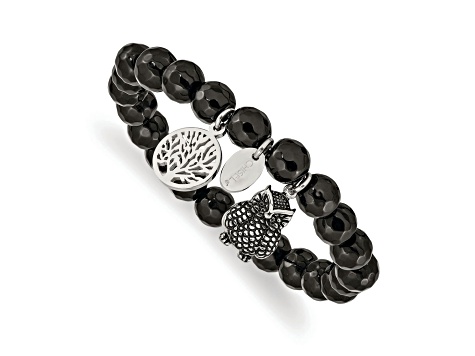 Stainless Steel Antiqued and Polished Owl Black Jade Stretch Bracelet