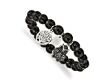 Stainless Steel Antiqued and Polished Owl Black Jade Stretch Bracelet