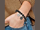 Stainless Steel Antiqued and Polished Owl Black Jade Stretch Bracelet